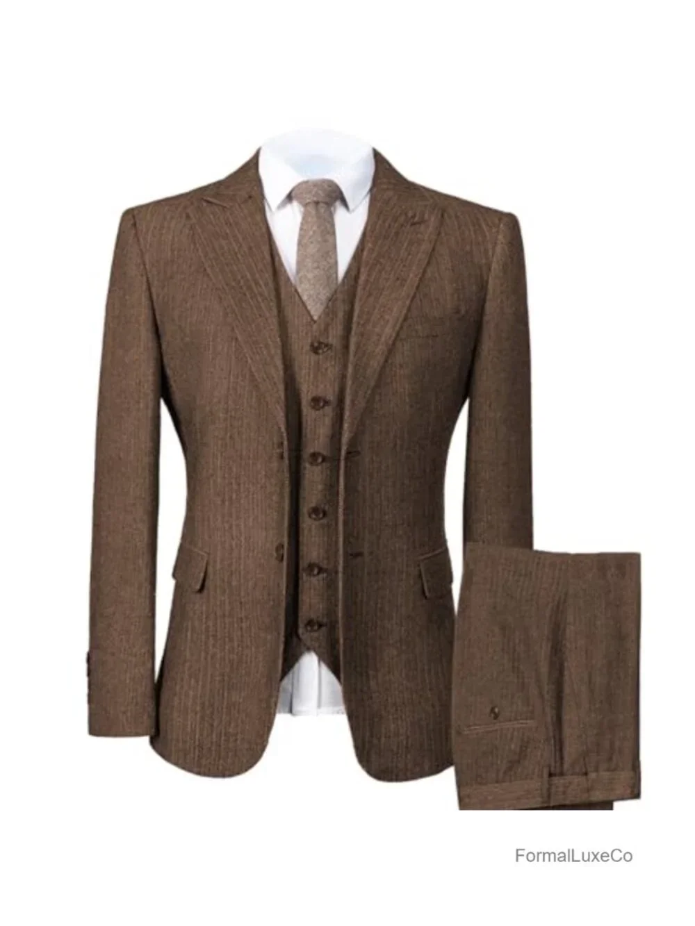 Men's Tweed Herringbone 3 Piece Suit Wedding Prom Tuxedo Peak Lapel